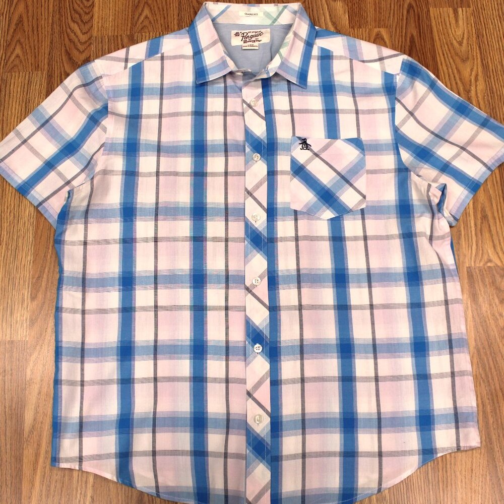 PENGUIN CLASSIC FIT COTTON/POLYESTER CASUAL SHIRT BLUE & PINK PLAID LARGE, L